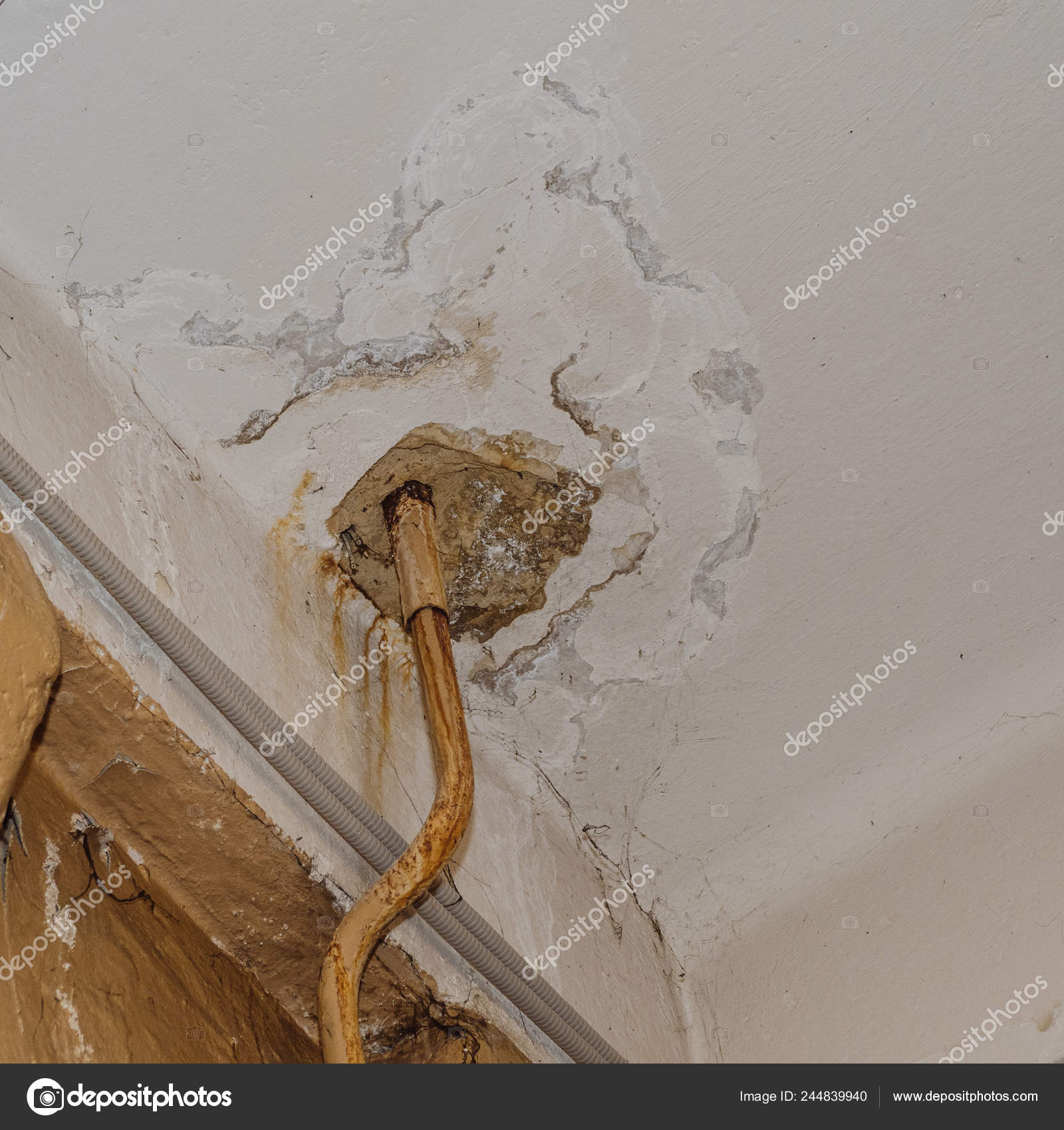 Big Wet Spots Cracks Ceiling Domestic House Room Heavy Rain