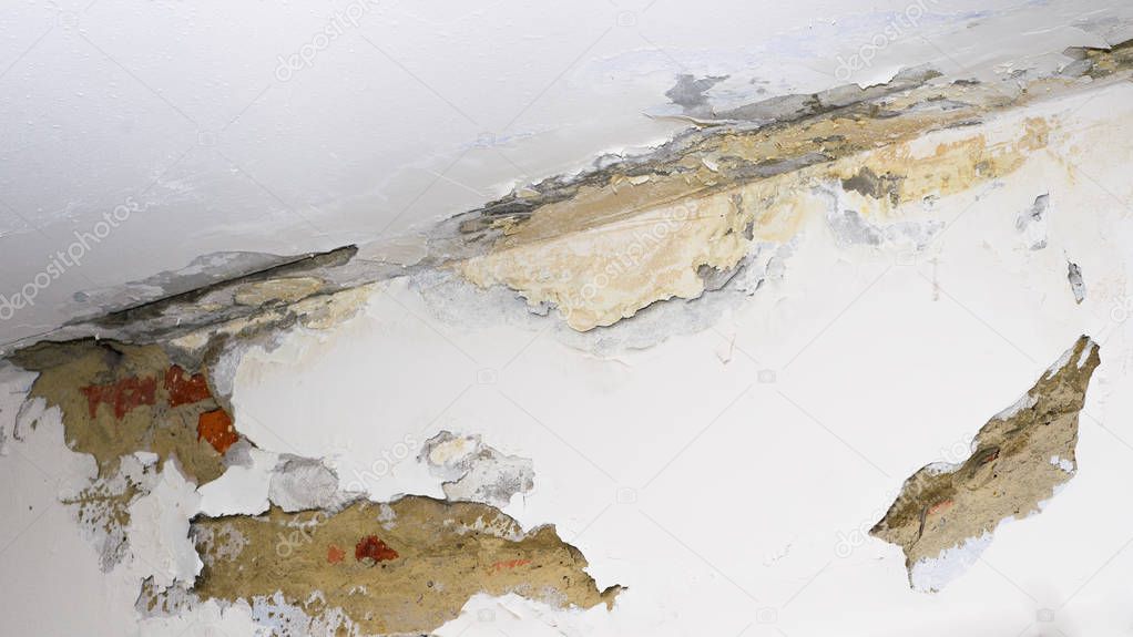 Damage ceiling from water pipelines leakage. Housing problem concept