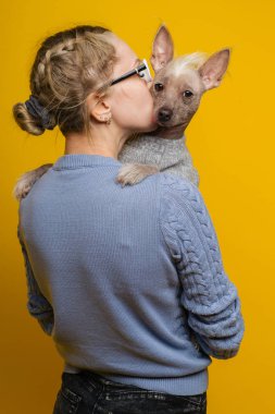 Gözlük ve bir kazak genç bir kız onu Çin kremalı köpek öpüyor