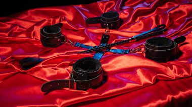 BDSM kıyafeti üst görünümü. Kırmızı keten üzerinde esaret ve şaplak. Yetişkin Seks Oyunları. Kinky yaşam tarzı.