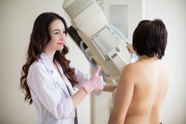 Young Cheerful Breast Specialist Carrying Out Ultrasound Examination Breast Patient — Stock Photo, Image