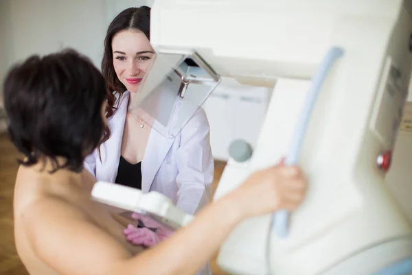 Young Cheerful Breast Specialist Carrying Out Ultrasound Examination Breast Patient — Stock Photo, Image