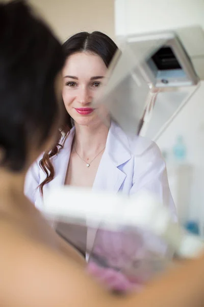 Young Beautiful Breast Specialist Carrying Out Ultrasound Examination Breast Patient — Stock Photo, Image