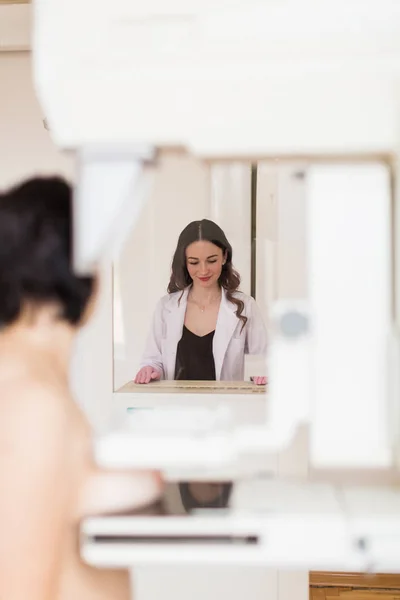 Young Charming Breast Specialist Carrying Ultrasound Examination Breast Patient Her — Stock Photo, Image