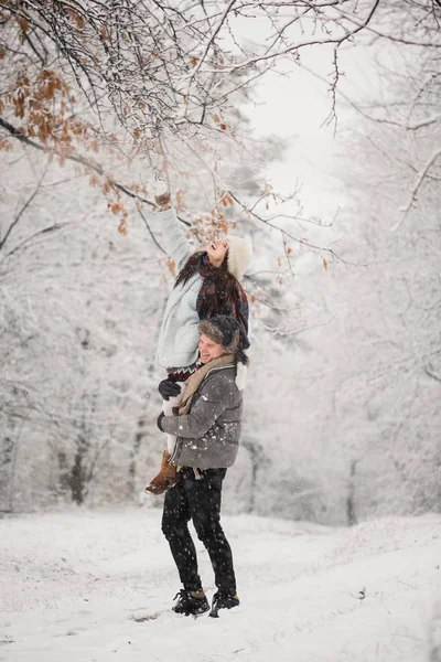 雪に覆われた公園でうれしそうな妻を腕の中で保持している若い男 — ストック写真