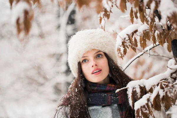 站在白雪覆盖的公园的年轻美丽的女人的肖像 — 图库照片