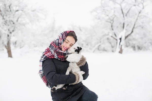 坐在雪地里抱着小山羊的快乐的年轻女人 拥抱着它的户外 — 图库照片