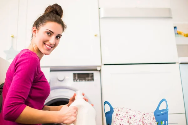 Portrait Young Smiling Woman Who Sitting Washing Machine Room Holding — Stock Photo, Image