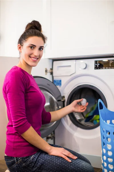 Young Smiling Woman Sitting Washing Machine Room Pouring Rinse — Stock Photo, Image