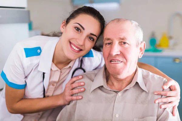 Portrait Old Ill Man Who Sitting Young Smiling Nurse — Stock Photo, Image