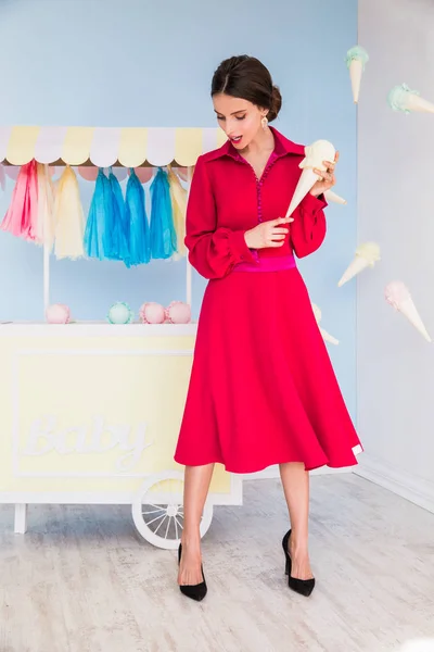 Beautiful Young Woman Red Dress Holding Ice Cream Hand Looking — Stock Photo, Image