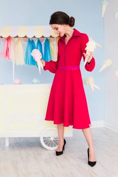 Beautiful Young Woman Red Dress Holding Ice Creams Hands Laughing — Stock Photo, Image