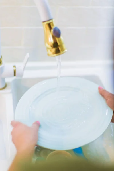 Close Young Woman Washing White Plate Kitchen — Stock Photo, Image