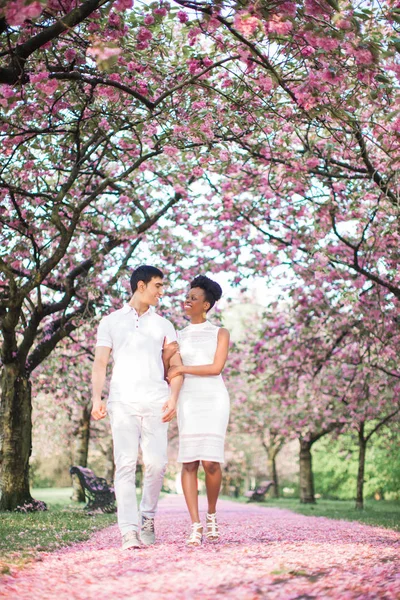 恋爱中的年轻幸福浪漫情侣在公园里走着花瓣 彼此微笑 — 图库照片