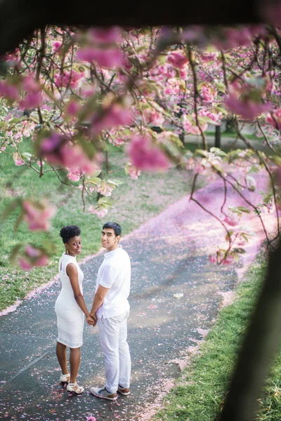 年轻夫妇在爱站立在路与花瓣在公园里并且互相握着手 — 图库照片