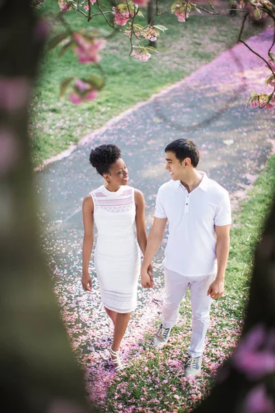 一对年轻的情侣在公园里走在路上 花瓣在花园里 彼此牵着手 互相看着 微笑着 — 图库照片