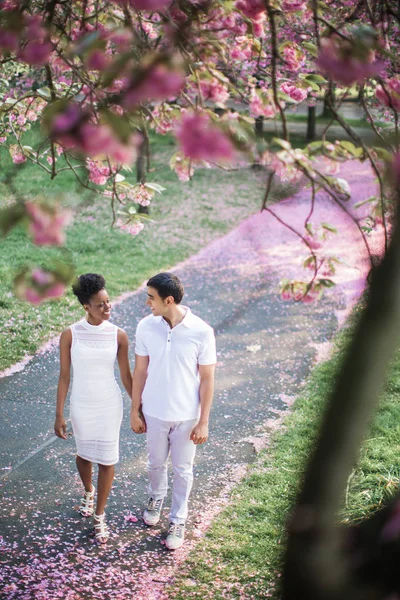 恋と公園に花びらで道路で歩いてお互い手を取り合って お互いに笑みを浮かべて若いカップル — ストック写真