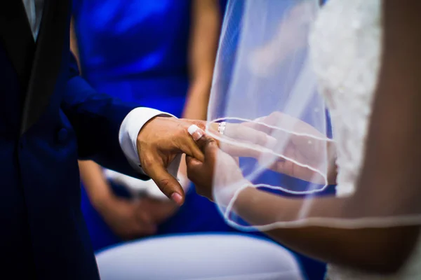 Close Hands Newlyweds Who Putting Ring Finger Indoors — Stock Photo, Image