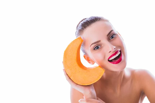 Close Young Joyful Woman Bare Shoulders Keeps Pumpkin Hand Her — Stock Photo, Image