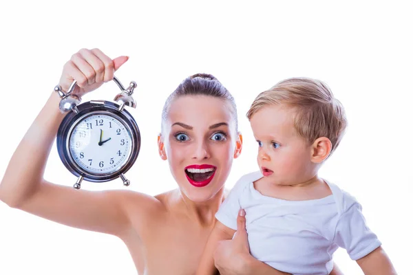 Portrait Young Smiling Mother Who Keeps Little Son Alarm Clock — Stock Photo, Image