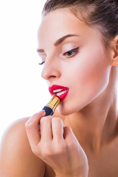 Porträt Einer Jungen Charmanten Frau Die Roten Lippenstift Auf Ihren — Stockfoto