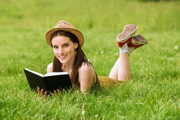 Portrait Young Attractive Woman Who Lies Grass Keeps Book Hands Stock Image