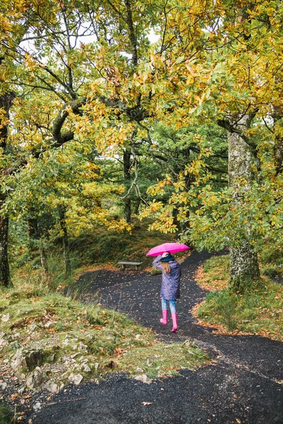 Hát Nézd Fiatal Aki Sétál Rózsaszín Esernyő Szabadtéri Park Között — Stock Fotó