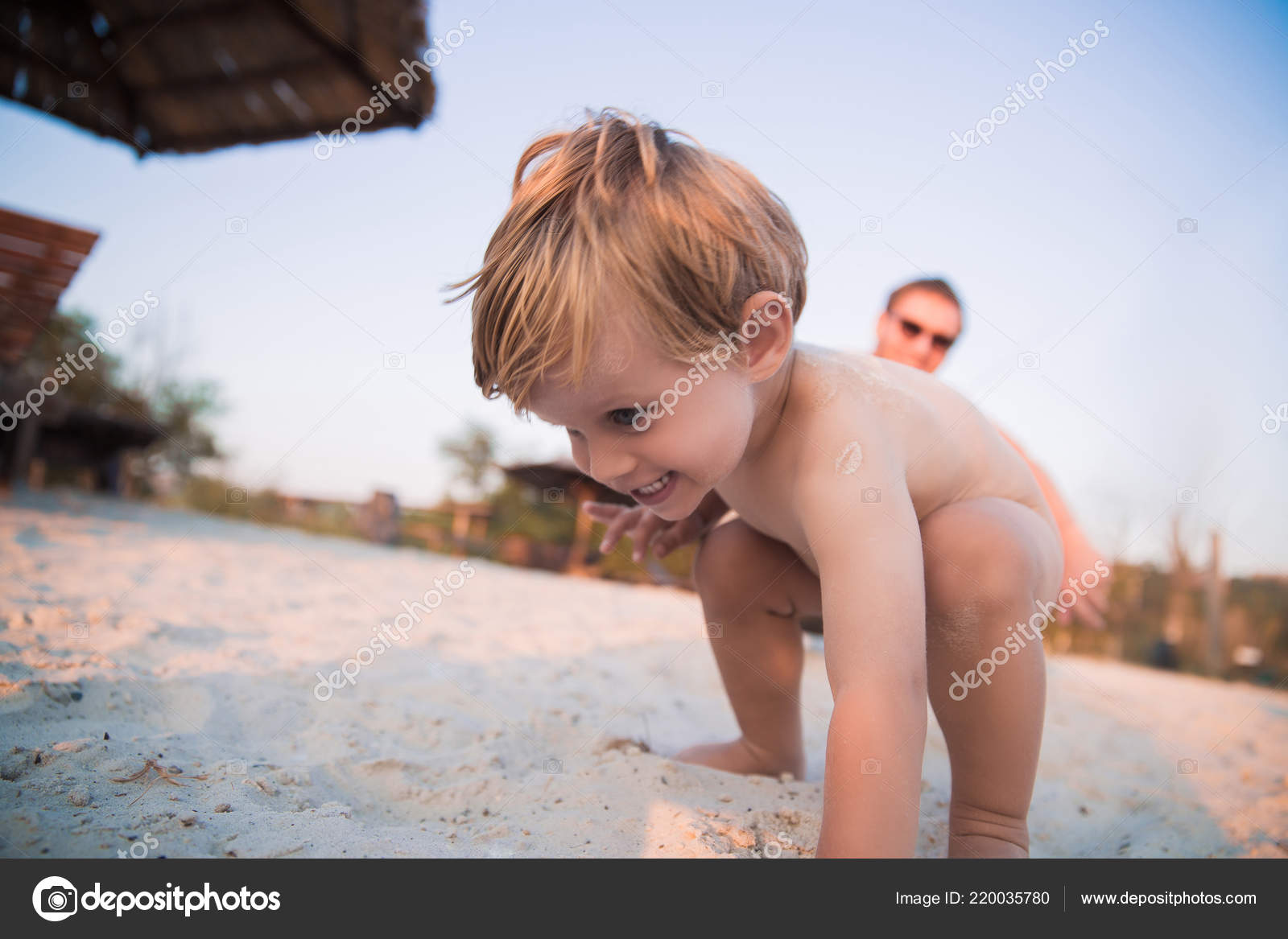 boys naked at the water Little Happy Naked Boy Playing Sand Beach — Stock Photo © MiraMstock #220035780