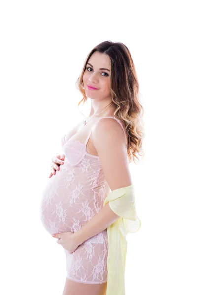 Jeune Belle Femme Enceinte Tient Sur Fond Blanc Elle Garde — Photo