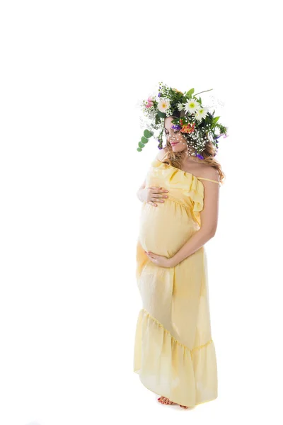 Tânăra Femeie Însărcinată Vrăjitoare Stă Coroană Cap Fundalul Alb Ține — Fotografie, imagine de stoc