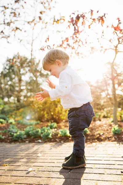 Foto Eines Glücklichen Kleinen Jungen Der Seine Freude Garten Zeigt — Stockfoto
