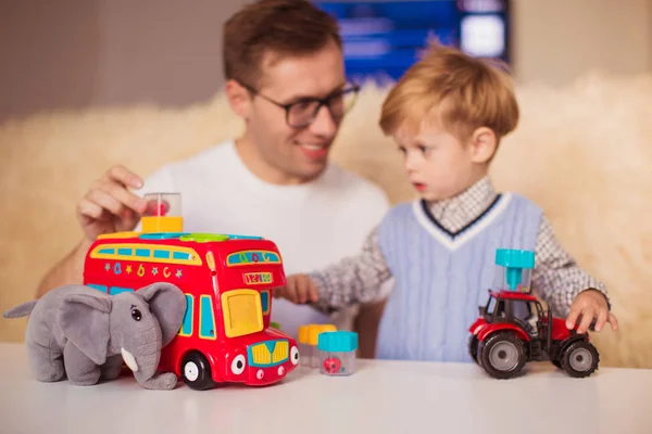 Portrait Young Happy Father Little Cute Son Who Playing Toys — Stock Photo, Image