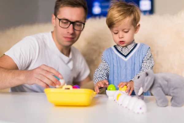 Young Handsome Father Sitting His Little Cute Son Table Playing — Stock Photo, Image
