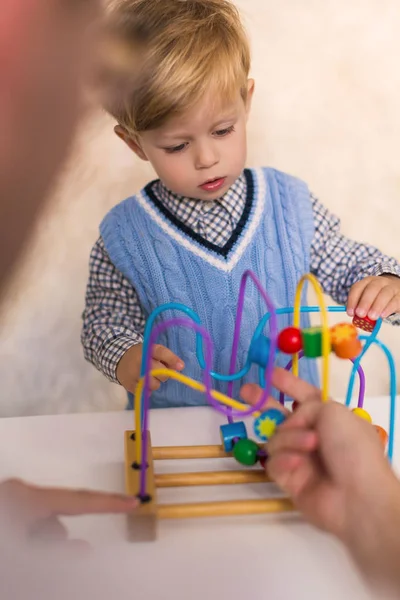 Portrait Little Cute Boy Who Playing Toy Developing Indoors — Stock Photo, Image