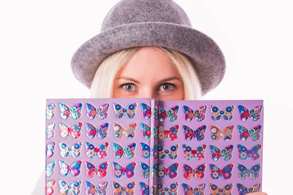 Half Face Young Beautiful Woman Hat White Background — Stock Photo, Image