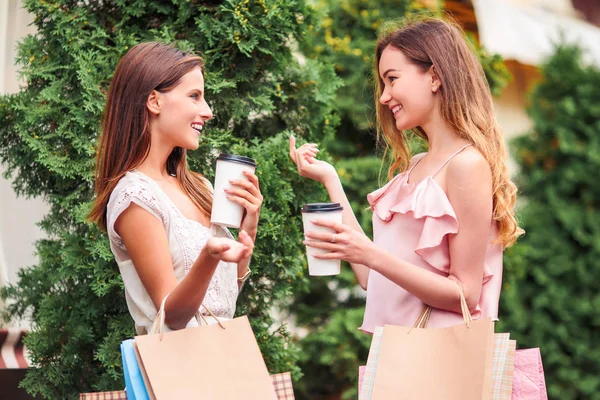 Retrato Dos Jóvenes Elegantes Novias Sonrientes Que Paran Con Bolsas — Foto de Stock