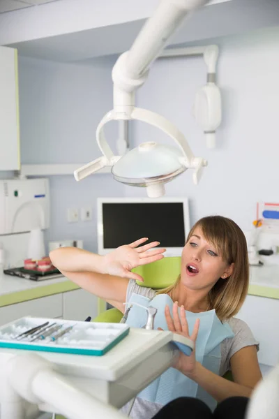 Her Nightmare Portrait Terrified Female Patient Dentist Office — Stock Photo, Image