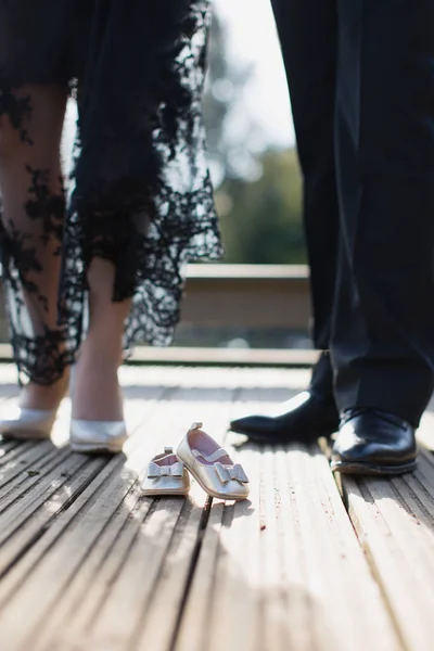 Close Little Footwear Background Feet Parents Shoes — Stock Photo, Image