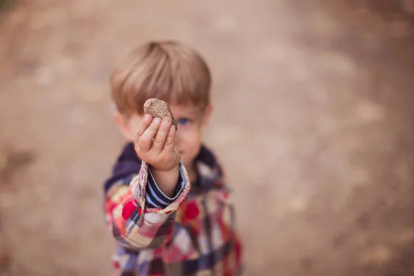 Primer Plano Del Niño Que Sostiene Piedra Mano Aire Libre —  Fotos de Stock