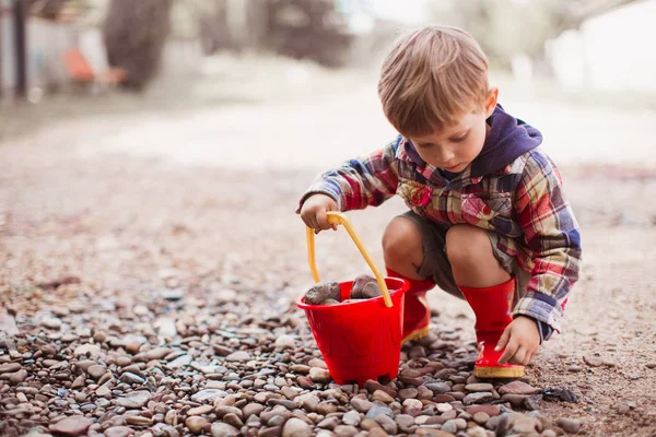 Lindo Niño Sentado Aire Libre Sosteniendo Cubo Rojo Con Piedras — Foto de Stock