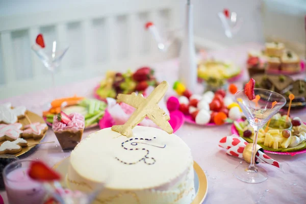 Close Tasty Cake Fruits Cookies Holiday Table — Stock Photo, Image