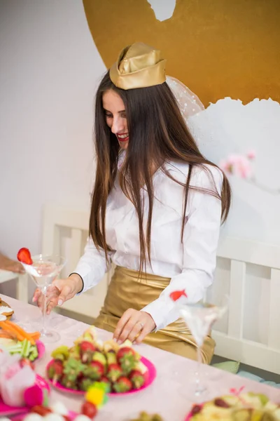 Cheerful Young Stewardess Sitting Festive Table Hen Party Eating Drinking — Stock Photo, Image