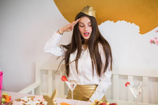 Happy Young Stewardess Sitting Festive Table Hen Party — Stock Photo, Image