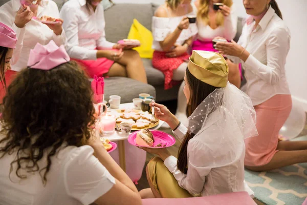 Happy Young Stewardesses Sitting Hen Party Indoor Eating Cake — Stock Photo, Image