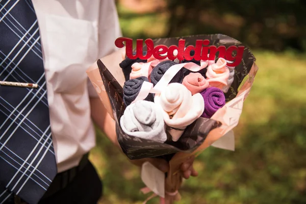 Close Man Holding Bouquet Socks Outdoor — Stock Photo, Image