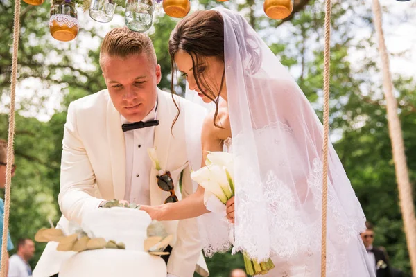 Feliz Belos Recém Casados Cortando Bolo Livre — Fotografia de Stock