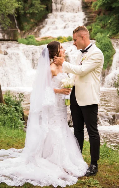 恋爱中幸福的新婚夫妇在瀑布的背景下面对面站着 — 图库照片
