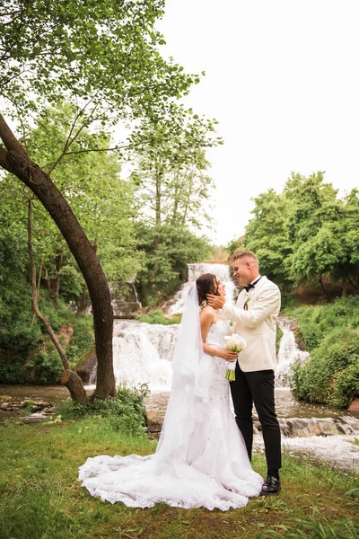 若い笑顔新婚夫婦愛に立って滝の背景に顔 — ストック写真