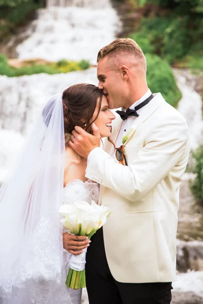 愉快的未婚夫亲吻新娘的额头在瀑布的背景下 他们微笑 — 图库照片