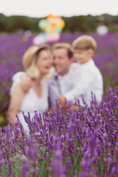 ラベンダー畑の幸せな家族のぼやけた写真 — ストック写真